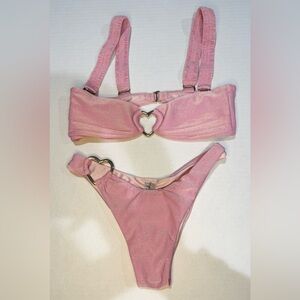 Capittana Pink Heart Metallic Accents Bandeau Thong Bikini Set Size S